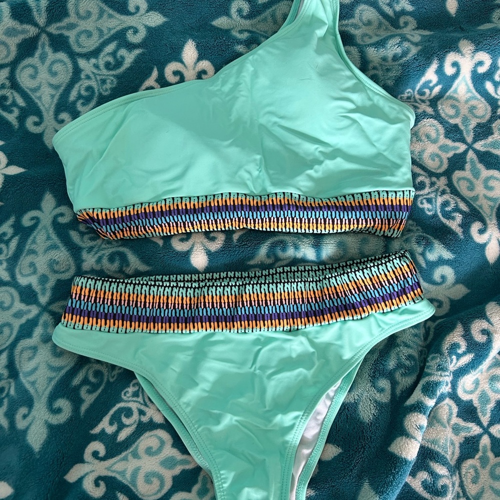 SHEIN Aqua One-Shoulder Bikini with Multicolor Trim